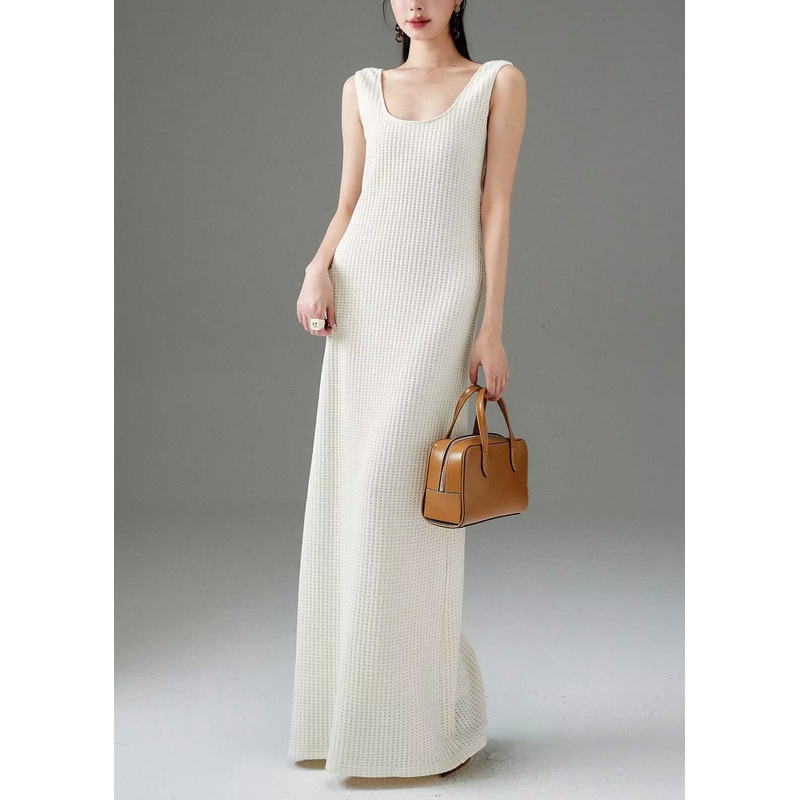 Women White Plaid Solid Cotton Long Dress Sleeveless