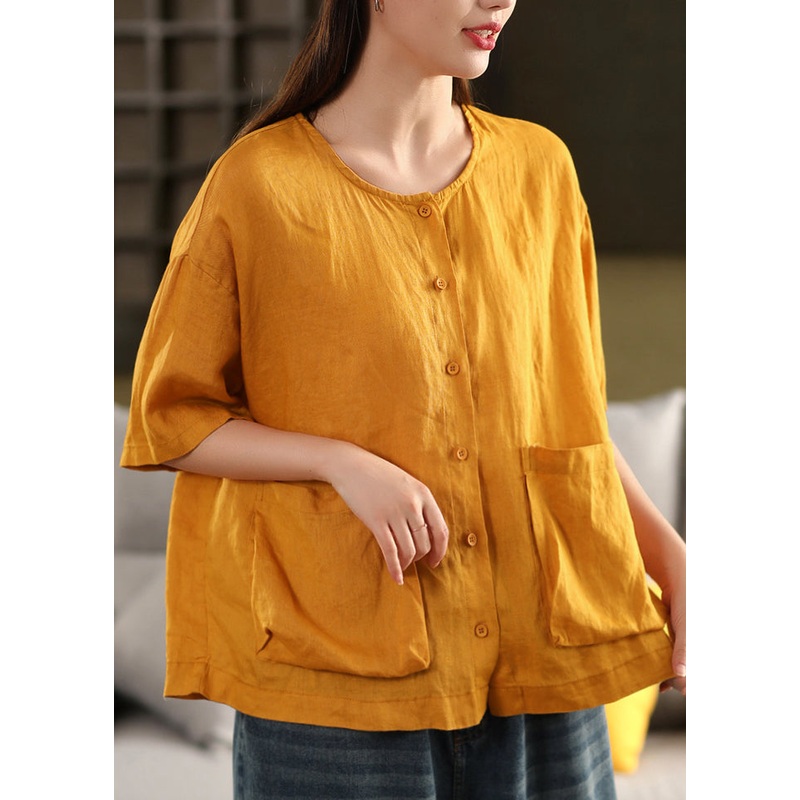 Women Yellow O Neck Button Pockets Linen Shirt Tops Summer