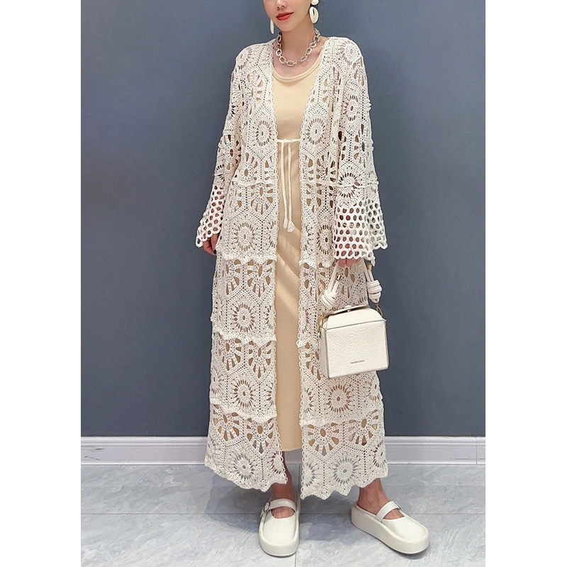 2025 Apricot V Neck Hollow Out Long Lace Cardigan Fall