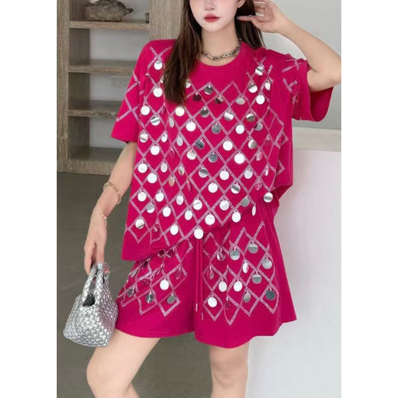 Art Rose Sequins Oversized Cotton Tanks And Shorts Two Pieces Set Summer
