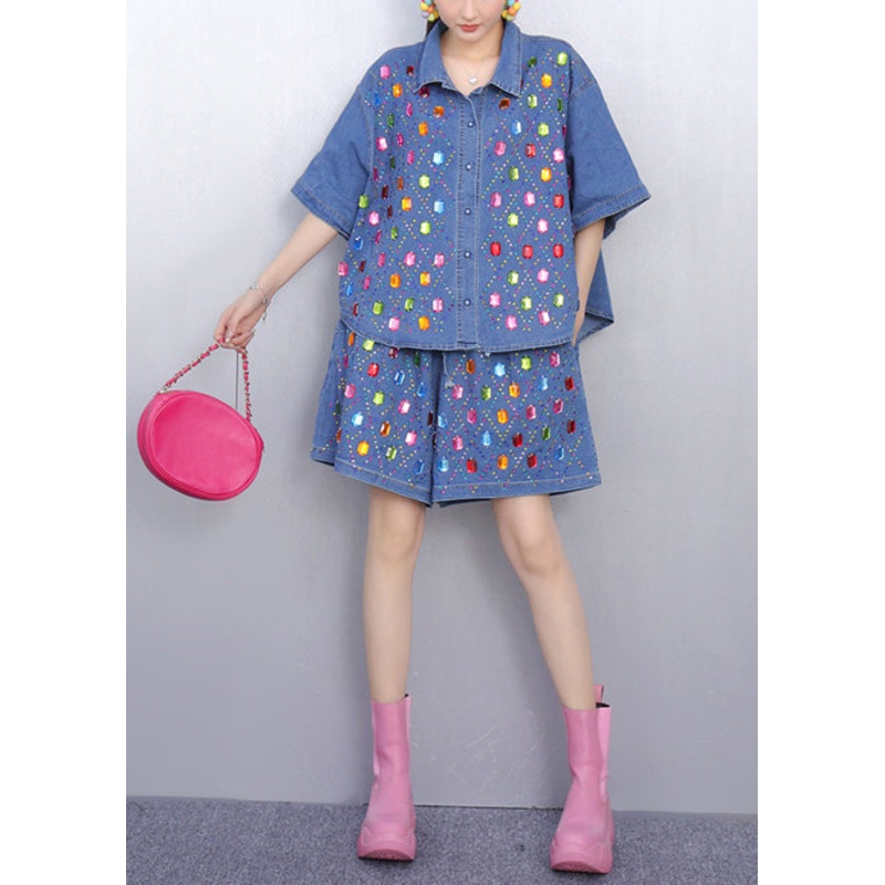 Beautiful Rhinestone Denim Blue Shirts And Shorts Two Pieces Set Summer