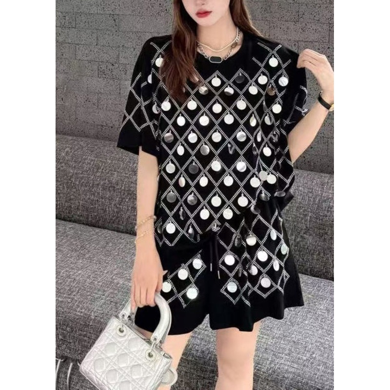 Black Sequins Cotton Tanks And Shorts Two Pieces Set Oversized Summer
