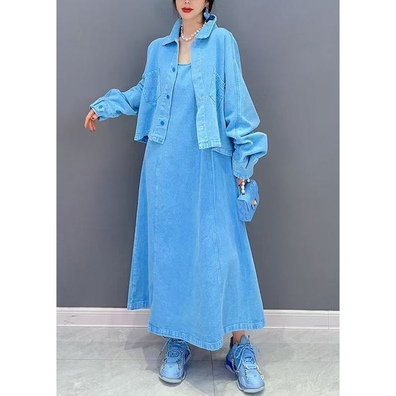 Blue Patchwork Button Coats And Maxi Dresses Two-Piece Set Fall