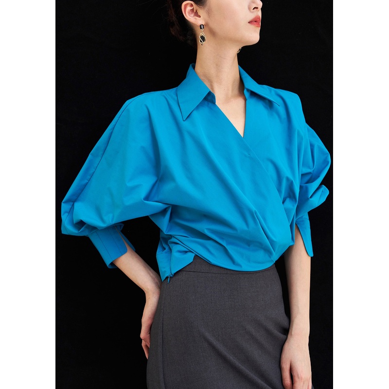 Chic Blue Peter Pan Collar Solid Cotton Shirts Fall