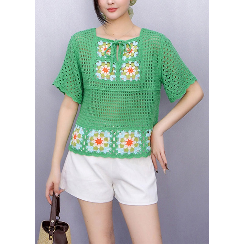 Chic Green Square Collar Tie Lace Knit Top Summer