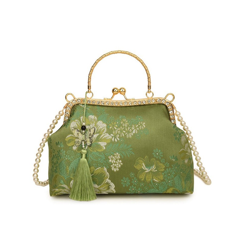 Chinese Style Green Print Tassel Zircon Tote Bag