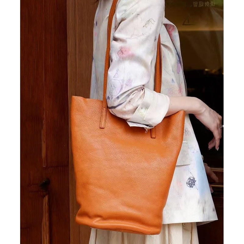 Classy Orange Large Capacity Durable Leather Bucket Bag