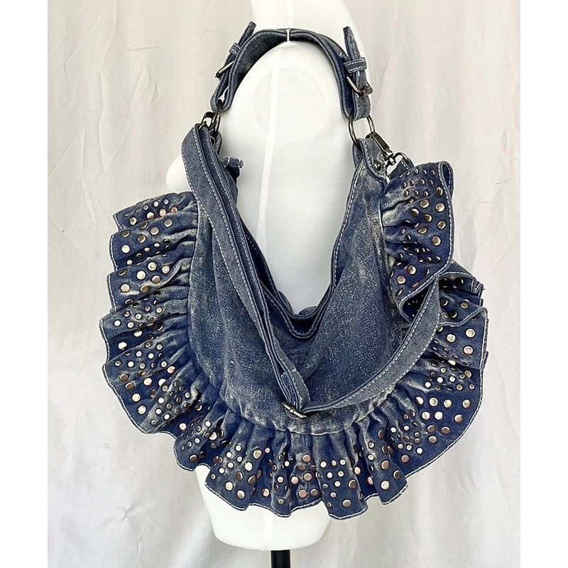 European And American Large Capacity Ruffled Rivet Denim Shoulder Bag