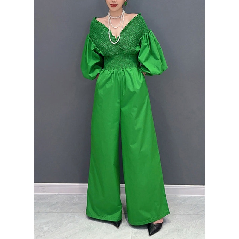 French Green V Neck Elastic Waist Jumpsuit Puff Sleeve