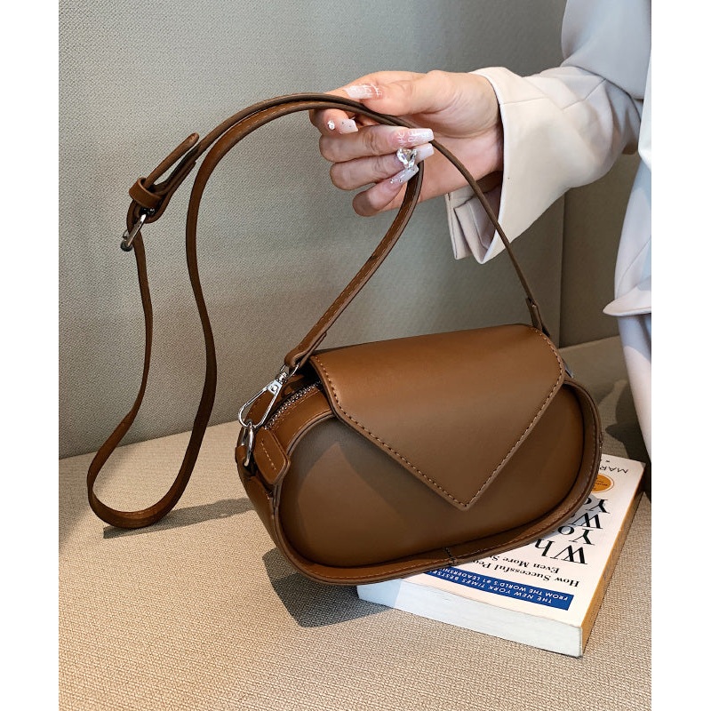 Korean Fashion Coffee Calf Leather Crossbody Bag