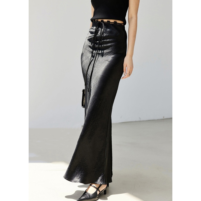 Slim Fit Black Lace Up High Waist Silk Skirt Summer