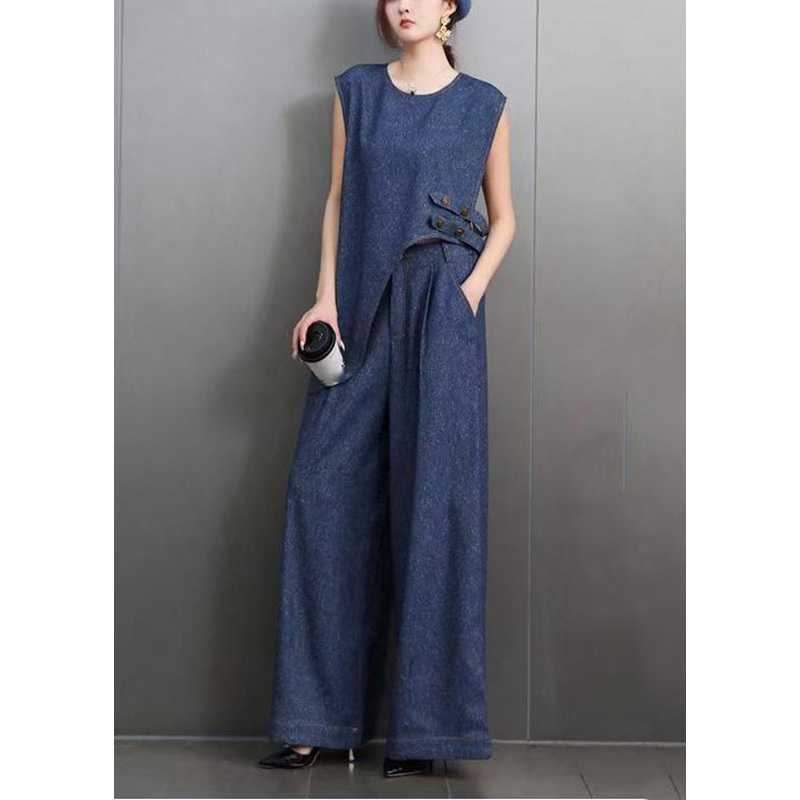 Vintage Blue O-Neck Navy Asymmetrical Denim Top And Wide Leg Pants Two Pieces Set Summer