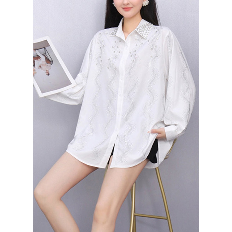 White Striped Nail Bead Button Shirts Fall