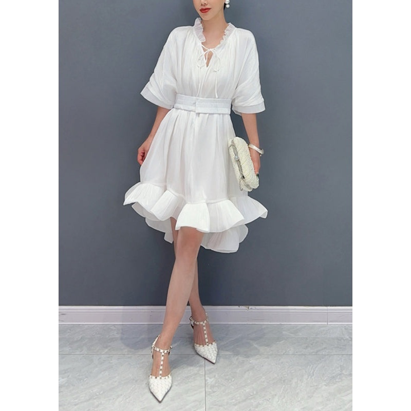 White V Neck Tie Solid Lace Asymmetrical Short Dress