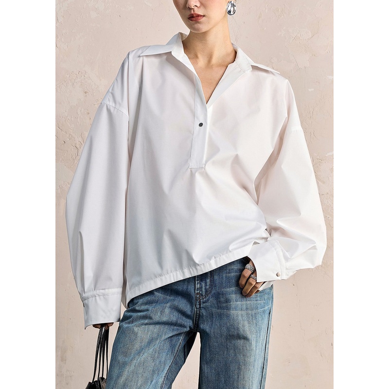 Women White Peter Pan Collar Button Solid Cotton Shirt Fall