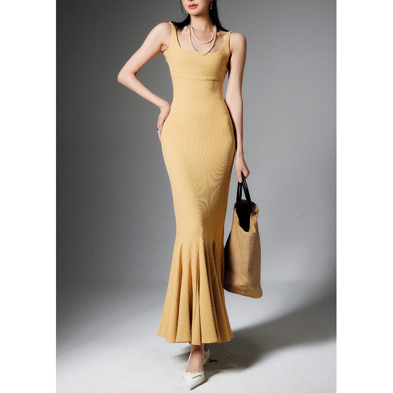 Yellow Backless Solid Cotton Spaghetti Strap Dress High Waist Sleeveless
