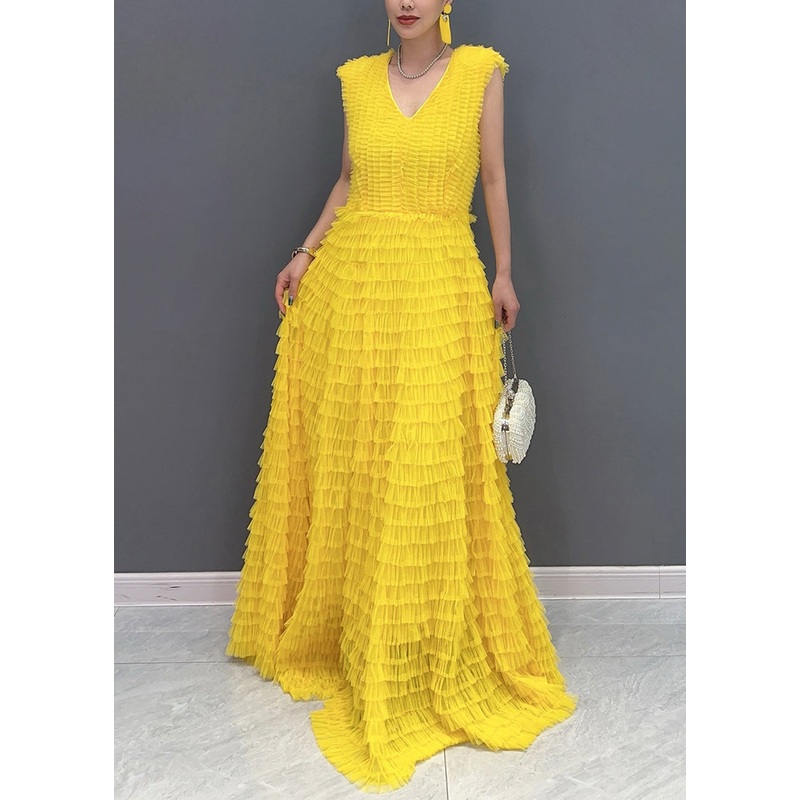 Yellow Wrinkled Solid Vacation Maxi Cake Dresses Summer