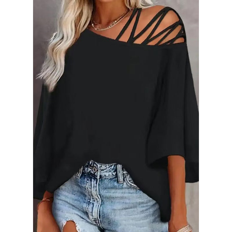 2025 New Black Hollow Out Loose Top Batwing Sleeve