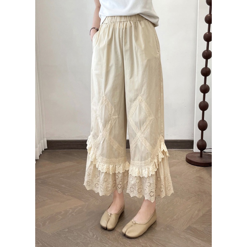 2025 Summer New Apricot Lace Splicing Wide Leg Pants