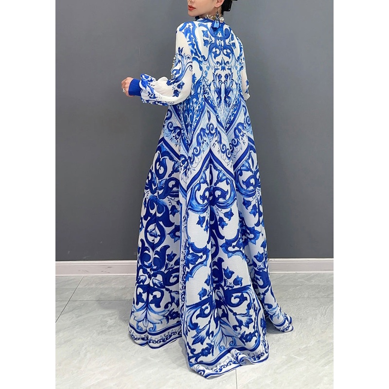 2025 Summer New Blue And White Porcelain Print Chiffon Pleated Long Dress