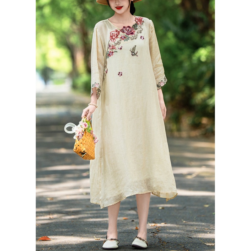 Apricot Side Open Linen Dresses Embroidered Bracelet Sleeve