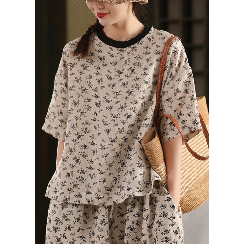 Art Black O Neck Print Linen T Shirts Summer