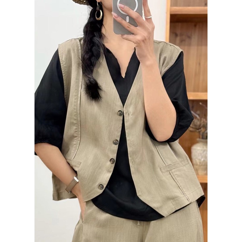 Art Khaki V Neck Button Pockets Linen Waistcoat Sleeveless