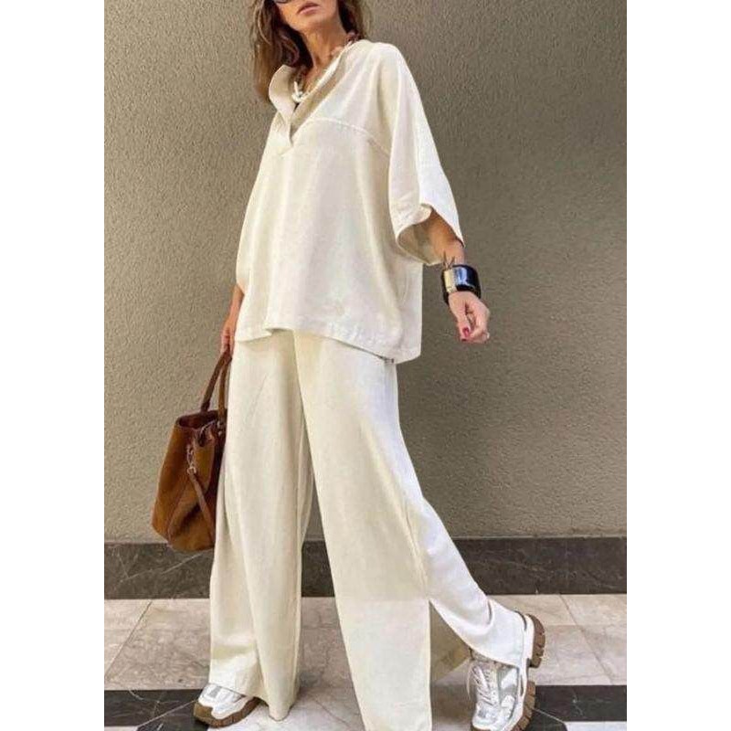 Art White O-Neck Patchwork Top And Wide Leg Pants Two Pieces Set Fall