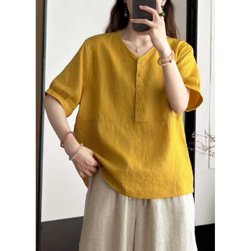Art Yellow V Neck Button Solid Linen Blouses Summer