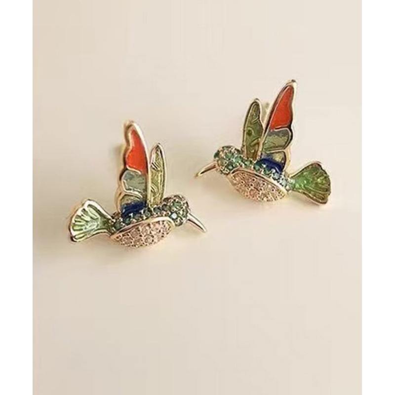 Beautiful Green Copper Alloy Zircon Enamel Drop Glaze Little Brid Stud Earrings