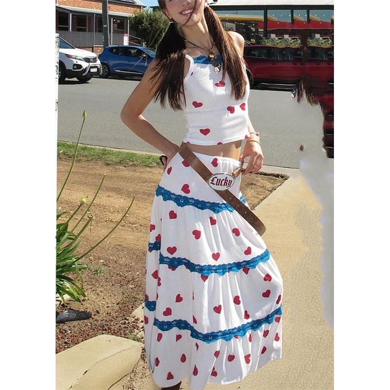 Beautiful White Print Vest And Maxi Skirts Two Pieces Set Summer