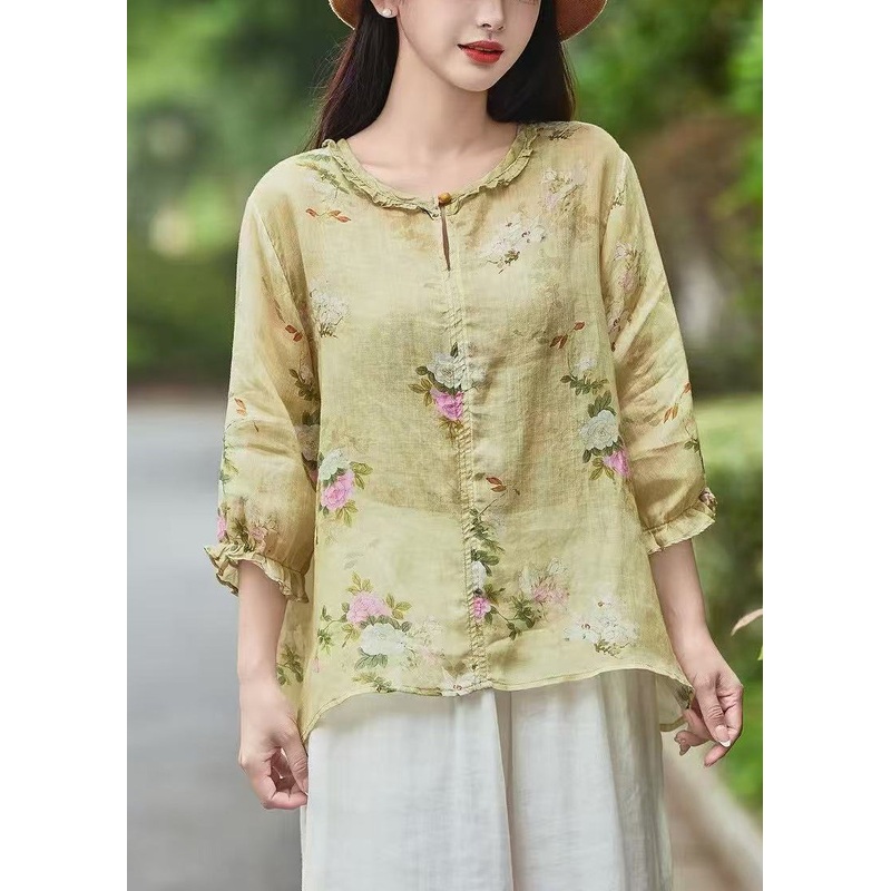 Beautiful Yellow Ruffled Print Linen Blouse Bracelet Sleeve