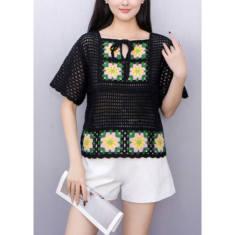 Black Hollow Out Knit T Shirts Short Sleeve