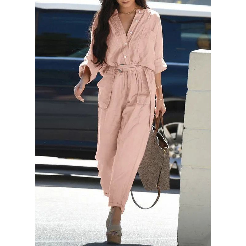 Bohemian Pink Peter Pan Collar Pockets Tunic Jumpsuit Fall