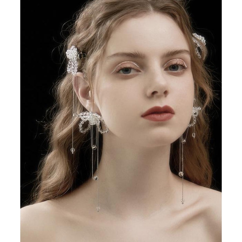 Bohemian White Alloy Crystal Butterfly Tassel Drop Earrings