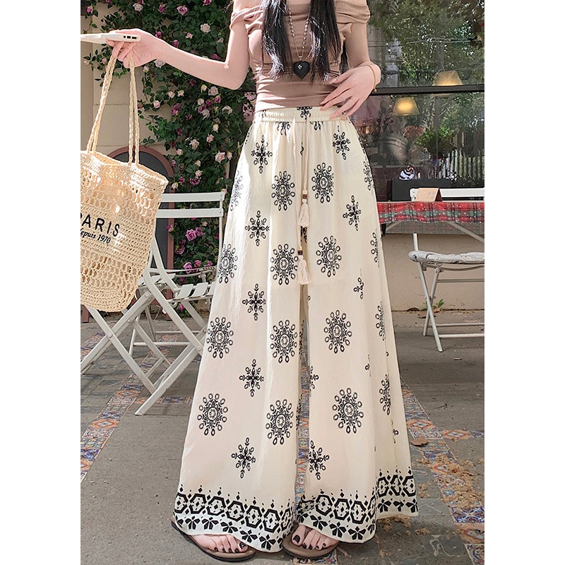Boho Apricot Print Elastic Waist Cotton Wide Leg Pants Summer