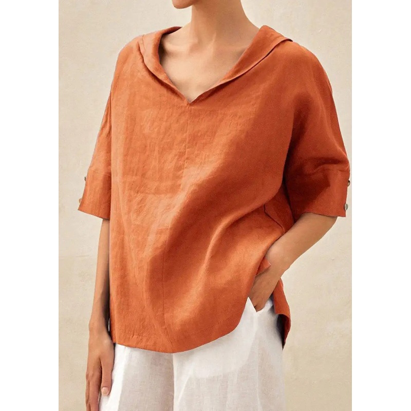 Casual Orange O-Neck Side Open Shirts Short Sleeve