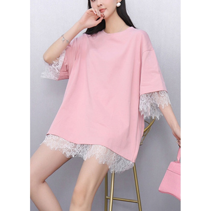 Casual Pink Lace Patchwork Top Summer