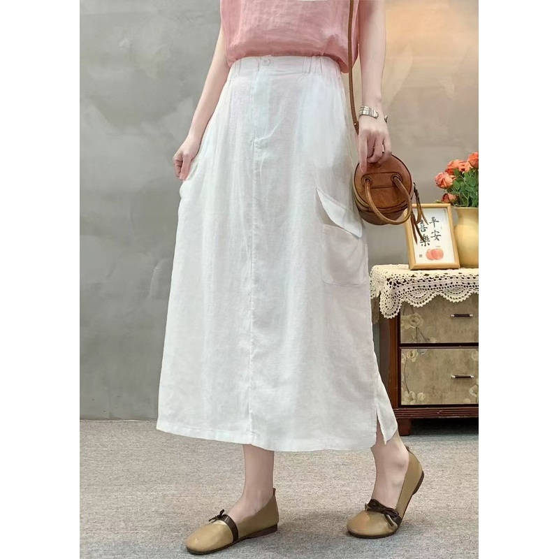 Casual White Pockets Side Open Elastic Waist Cotton Skirts Summer