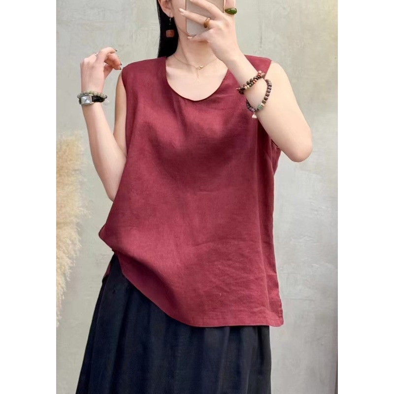 Classy Wine Red Side Open Solid Linen Tops Sleeveless