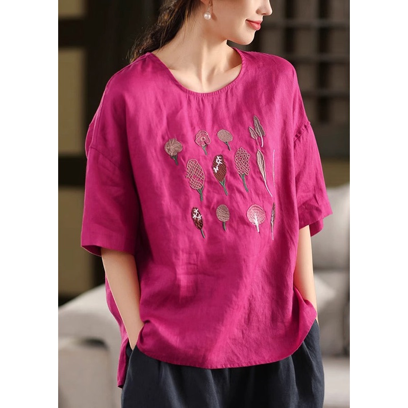 French Rose Embroidered Side Open Cotton T Shirt Half Sleeve