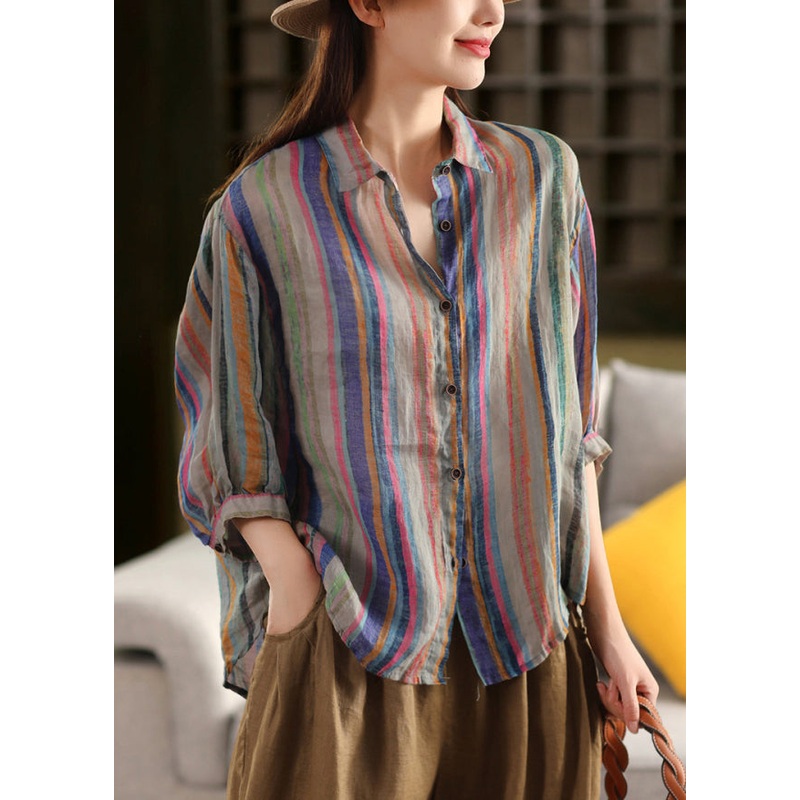 Green Stripe Button Linen Shirt Peter Pan Collar Fall