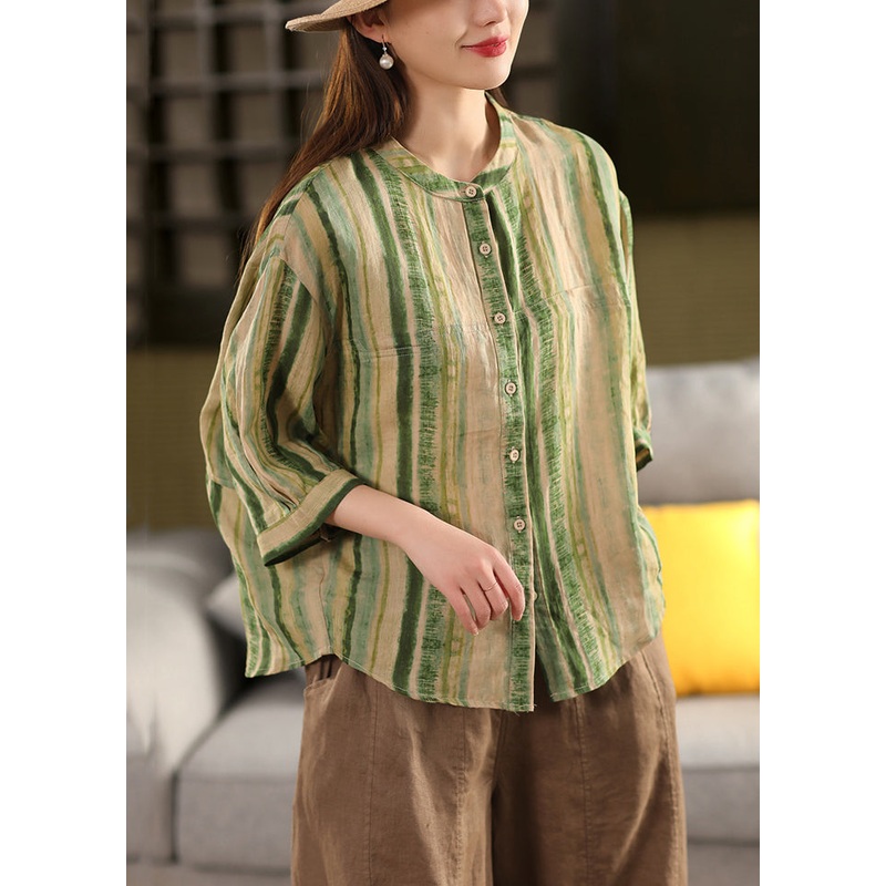 Green Stripe Linen Shirts O Neck Bracelet Sleeve