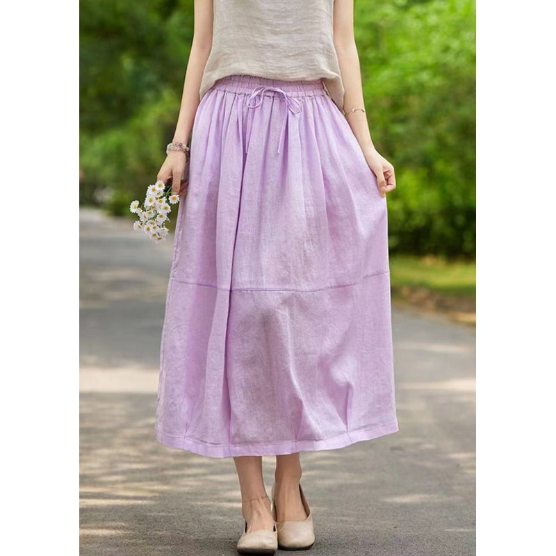 Purple Pockets Solid Linen Summer Skirts Elastic Waist