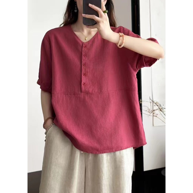 Rose Button Patchwork Loose Linen Summer Shirts V Neck