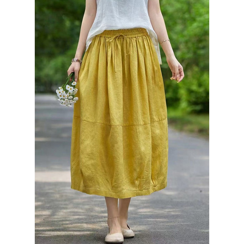 Simple Yellow Lace Up Elastic Waist Linen A Line Skirts