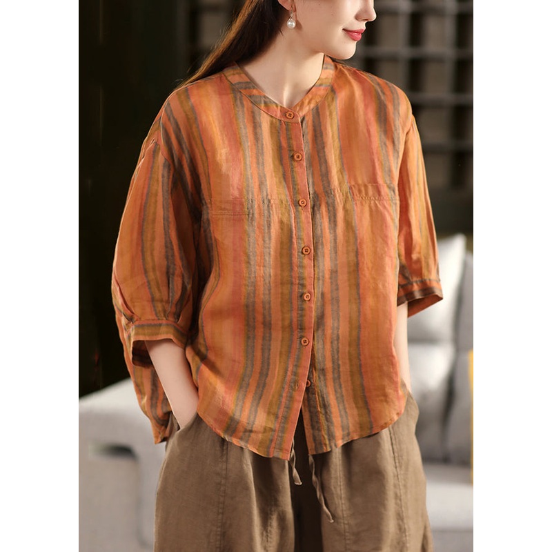 Striped Orange O-Neck Button Linen Blouse Fall
