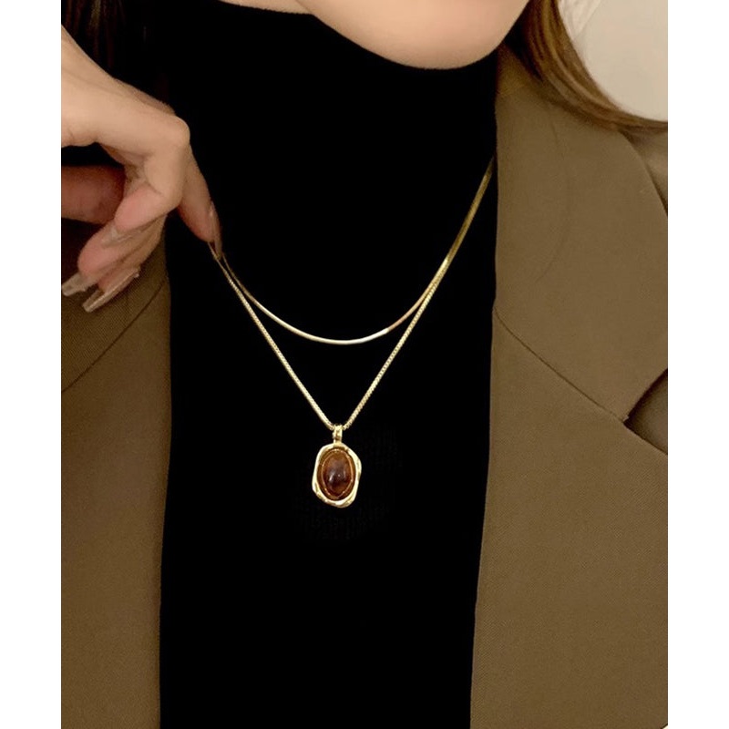 Style Gold Copper Overgild Amber Pendant Necklace Two Piece Set