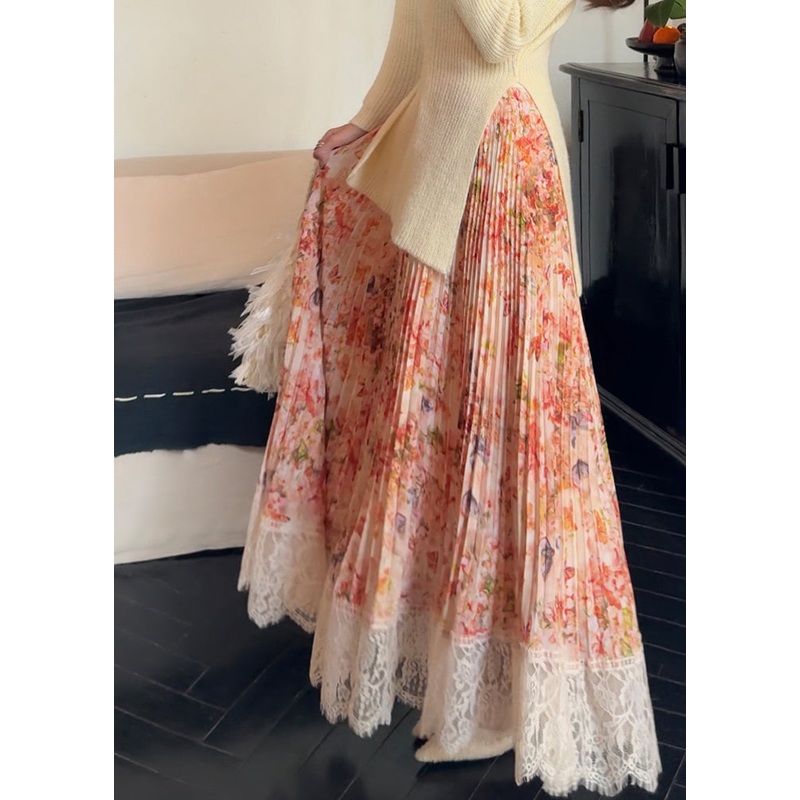 Stylish Orange Print Lace Patchwork Chiffon Pleated Skirt Summer