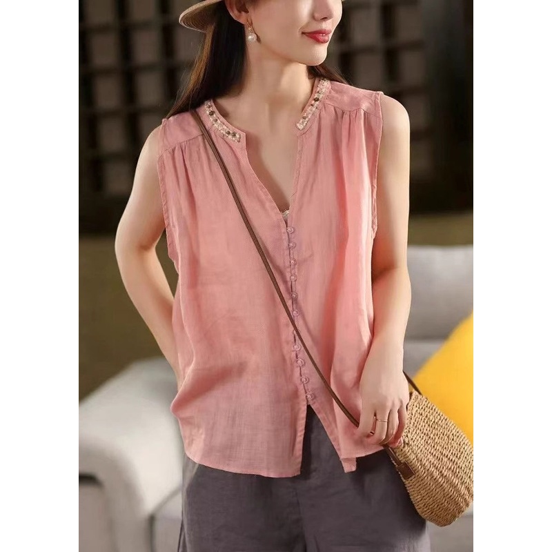 Stylish Pink V Neck Button Linen Blouses Sleeveless